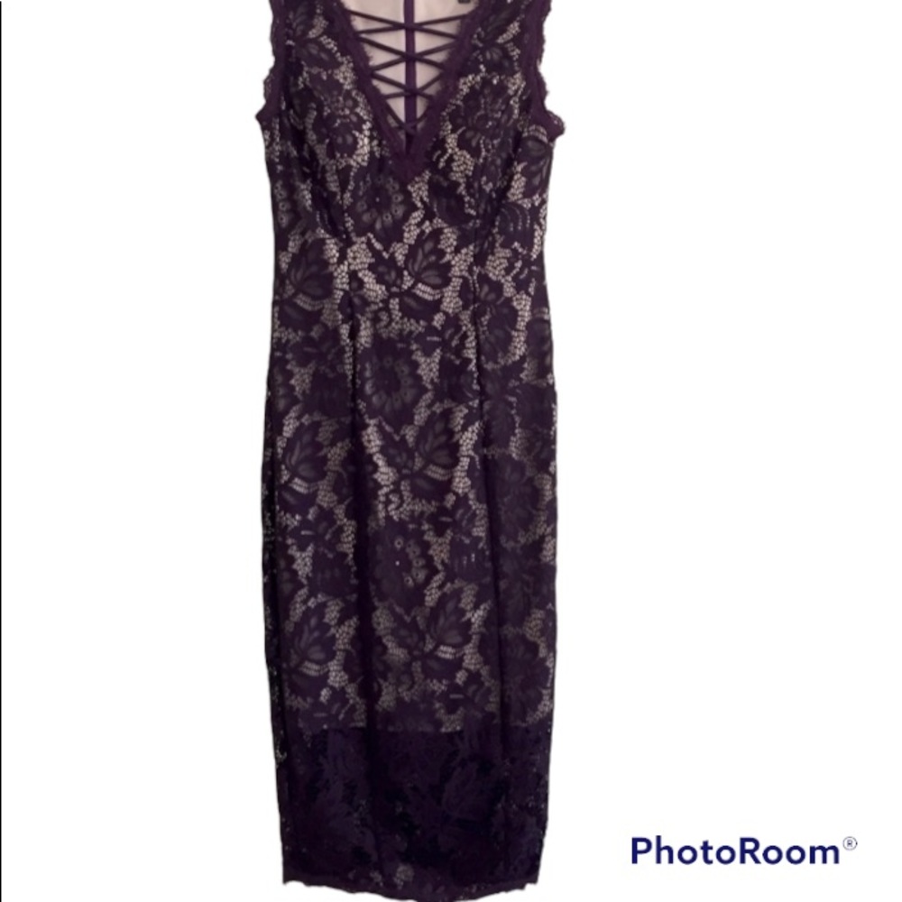 BETSY & ADAM Lace Illusion Dress 4 Purple Sleeveless Glamour Cocktail Wedding